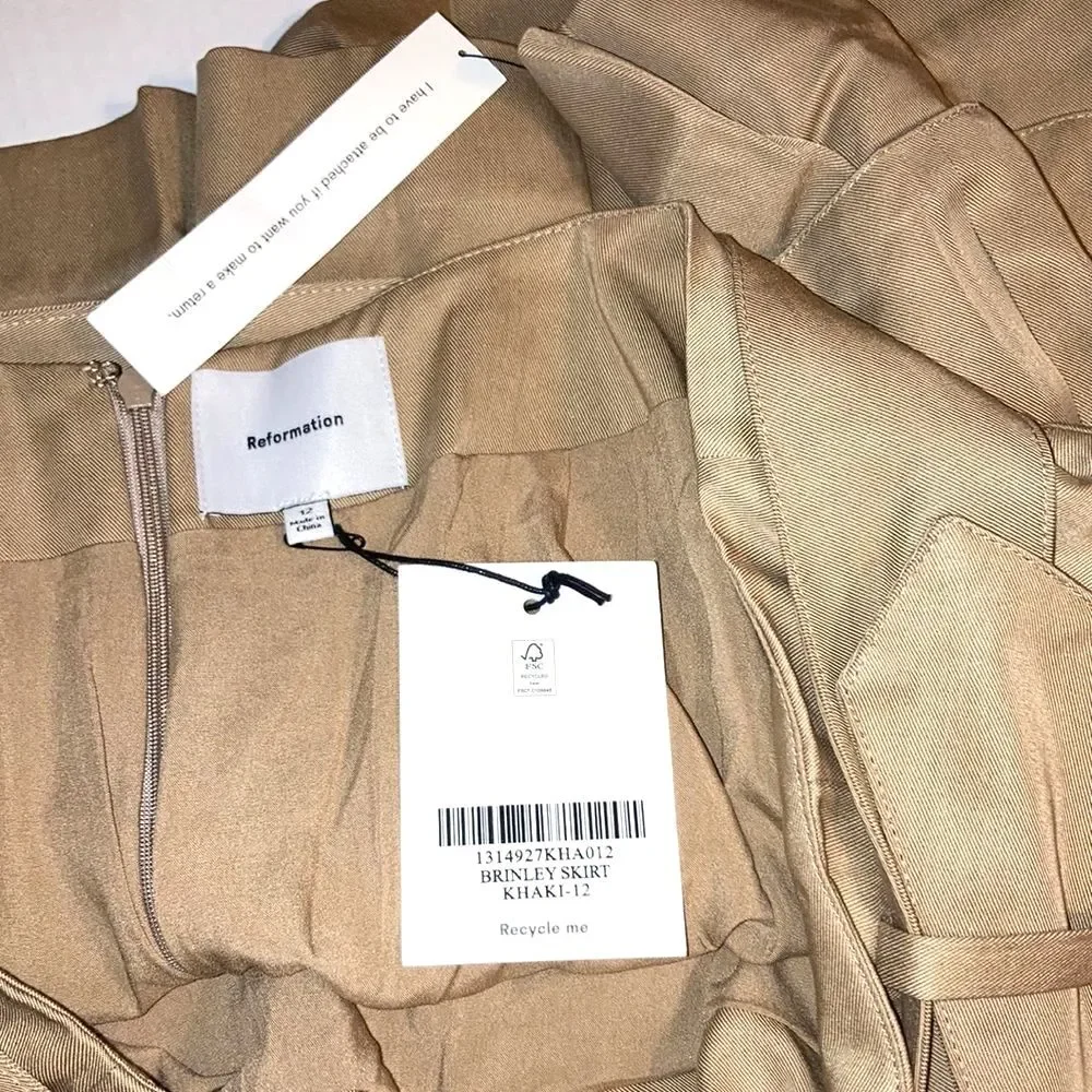 REFORMATION Brinley Belted Pleated Cargo Skirt Khaki Belt Pockets Zipper Size 12
